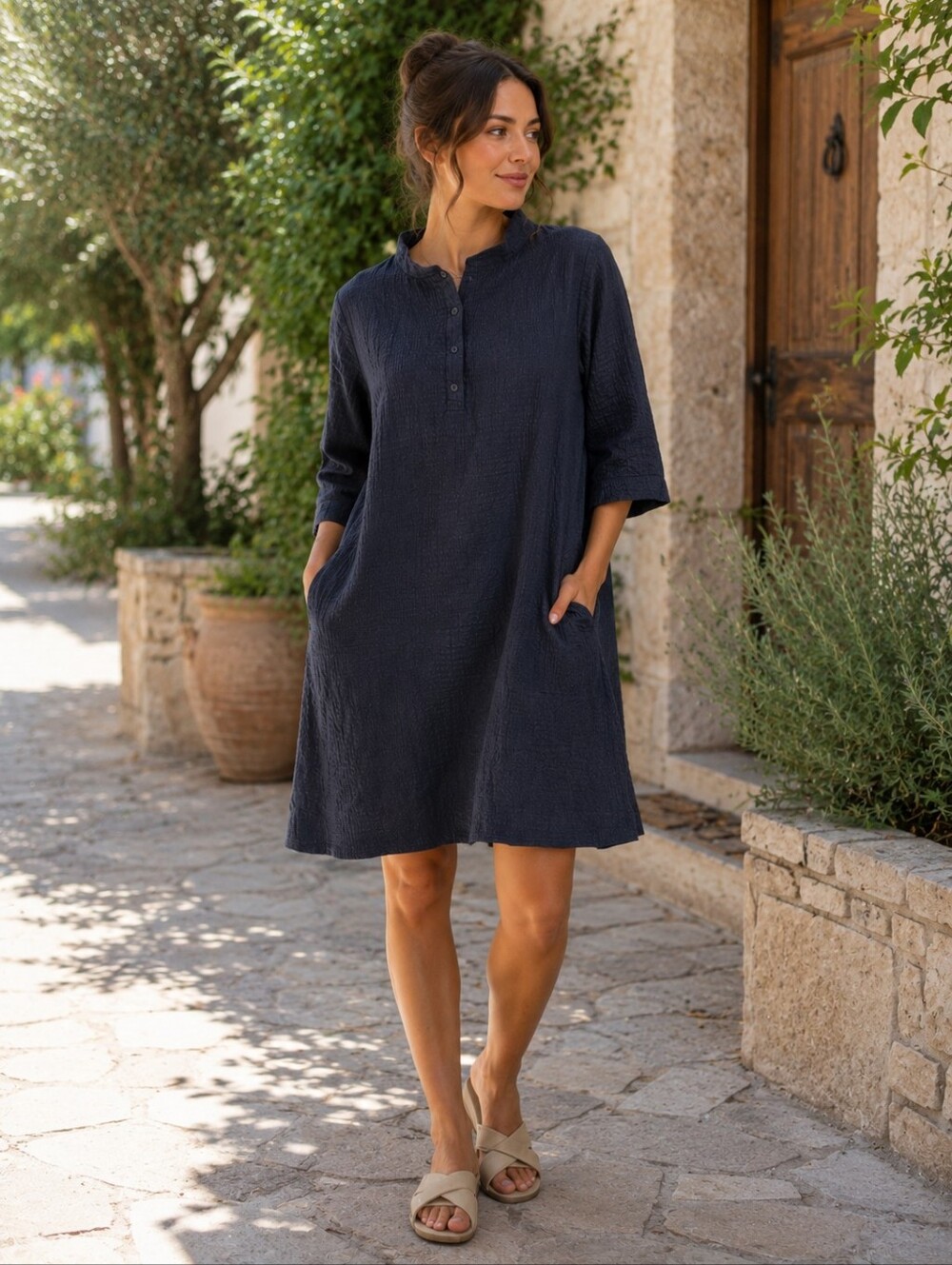 Ozai N Ku Boxy Midi Dress with Button Placket — Navy